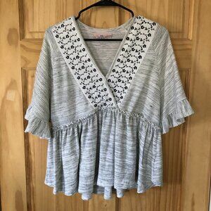 Anthropologie Floral Embroidered Ruffle Sleeve Babydoll Top - Sz M